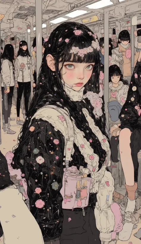 there is a high school girl in a crowded train、uniform、 upper body、 close-up ,Black long hair, bangs with lots of flowers 、 If you look at the angle , cardigan ,Standing with a strap , Surrealism , Japanese cartoon style , graphic details , Detai...