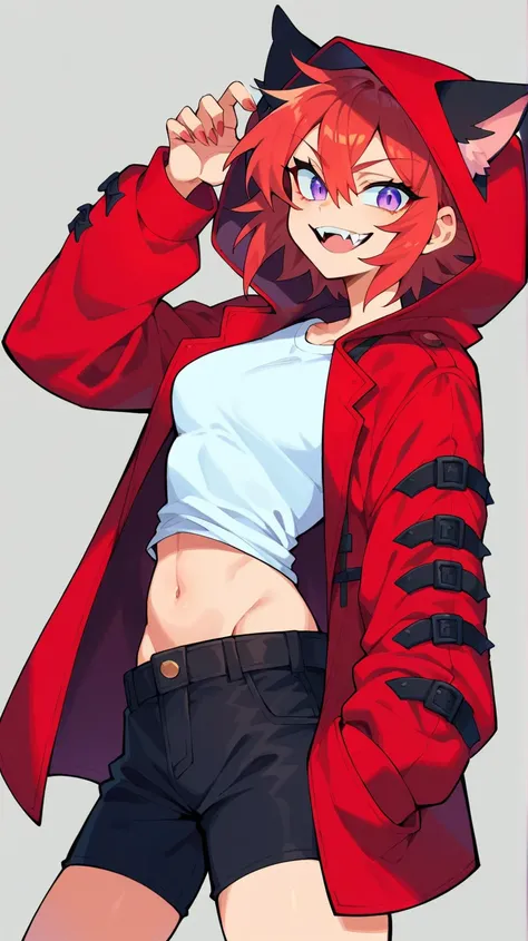  Wicked Anime Girl , Cat ears red hair purple eyes With saw teeth and fangs,  wicked smile,  long red coat with hood over the head,  short fitted white top ,  Skinny black shorts , Ruby's Hands 