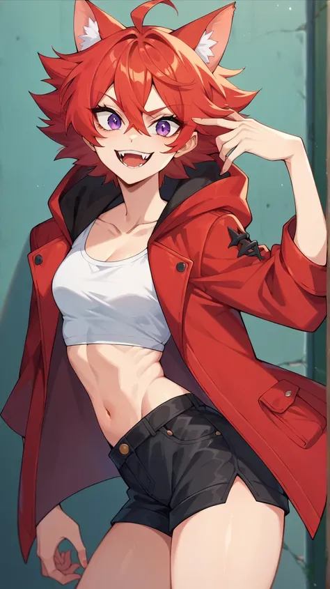  Wicked Anime Girl , Cat ears red hair purple eyes With saw teeth and fangs,  wicked smile,  long red coat with hood over the head,  short fitted white top ,  Skinny black shorts , Ruby's Hands 