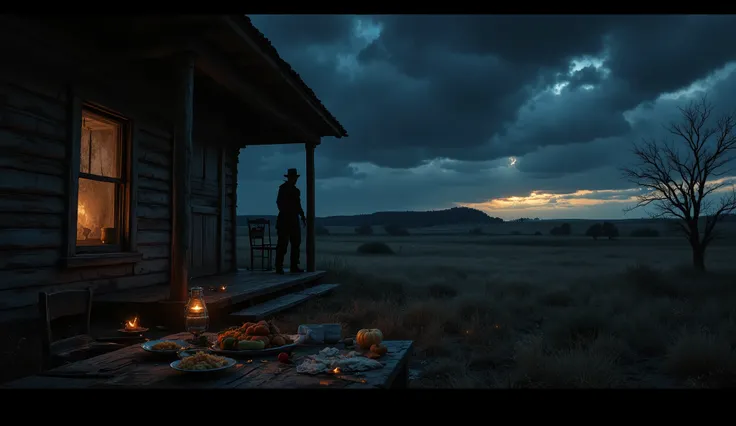 /imagine prompt: 
A dark, cinematic illustration depicting a tragic Thanksgiving night in rural Kansas. 
A stormy sky with distant lightning casts eerie light across an old farmhouse. 
In the foreground, a dimly lit wooden table with scattered Thanksgiving...