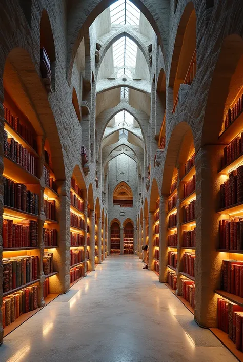 Panoramic landscape image .  In the crypt of the Cathedral of the Sagrada Familia in Barcelona ,  presents a futuristically designed library with very low ceilings .  The library is full of large books with maroon leather covers. The stone and glass walls ...