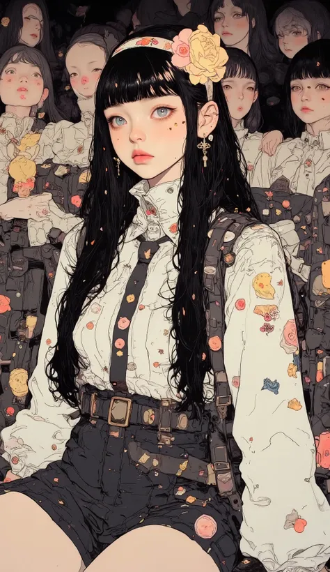 There is a high school girl at the concert house、 upper body、 close-up  ,Black long hair,  bangs with lots of flowers 、 If you look at the angle ,Standing with a strap ,  Surrealism  ,  Japanese cartoon style ,  graphic details  , Detailed details  ,Portra...