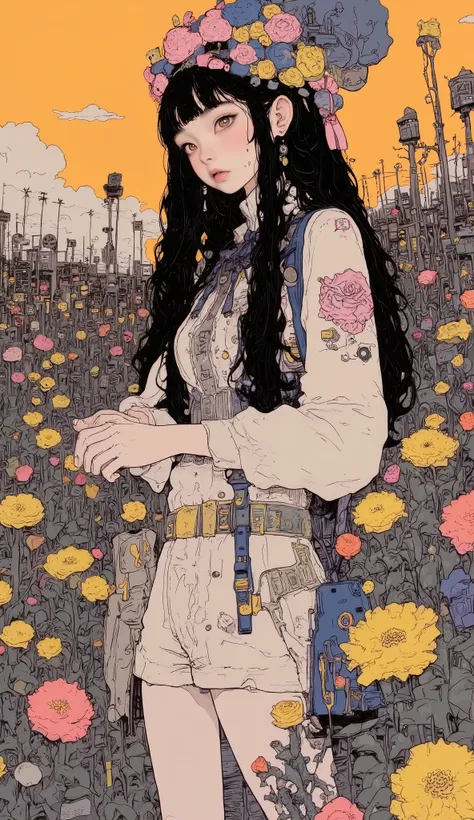 There is a high school girl at the concert house、 upper body、 close-up  ,Black long hair,  bangs with lots of flowers 、 If you look at the angle ,Standing with a strap ,  Surrealism  ,  Japanese cartoon style ,  graphic details  , Detailed details  ,Portra...