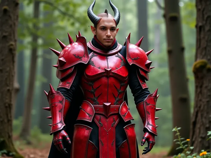 man dressed in red armor standing in a forest, using leather armor with spikes, armor of draconic appearance, demonic armor inspired by dragon, covered in complete leather armor, ornamented armor covered in spins, armor inspired by dragon, leather armor re...