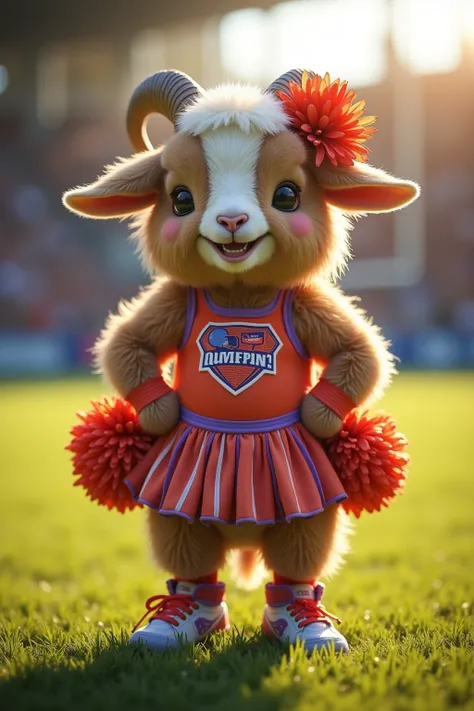 photorealistic portrait of Dressed animals - a ((fat)) baby (goat) cheerleader,(art by Carne Griffiths:1.2),(full body image:1.3), (hands on hips:1.5),(furry), (happy smile:1.5),high quality,(lovely) , highly detailed cute  top with team logo ,intricate de...