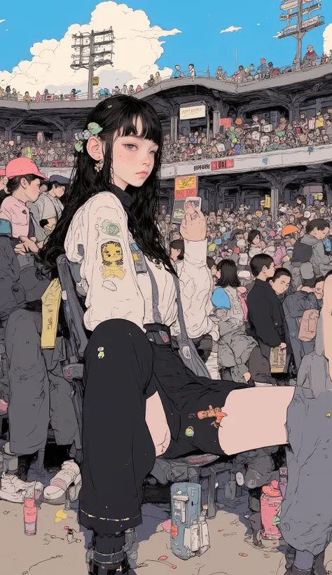 There is a high school girl in the audience seat at the stadium、 upper body、 close-up  ,Black long hair,  bangs with lots of flowers 、 If you look at the angle ,Watching baseball,  Surrealism  ,  Japanese cartoon style ,  graphic details  , Detailed detail...