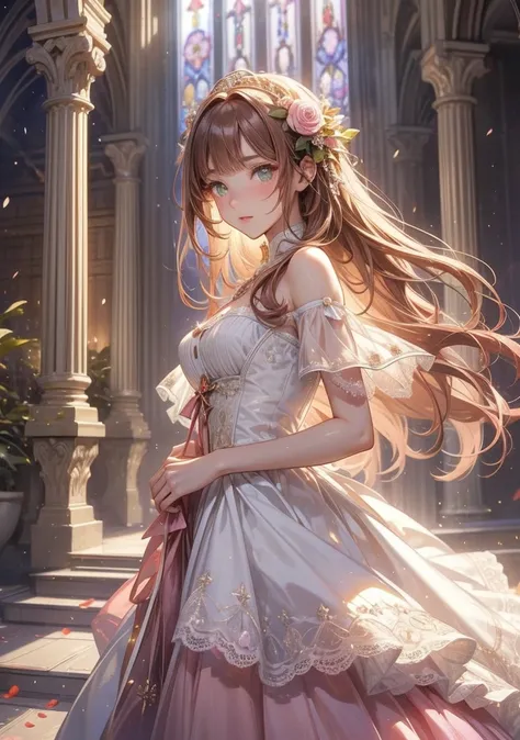  best quality 。 detailed depiction 。The White Cathedral。naive 18 year old girl、(( one woman))。 woman。((Inward curl))、(( semi-long))、(( pink brown hair color))。innocent and naive heroine。 white, perfect skin, green eyes 。 has small breasts。adorable a-line d...