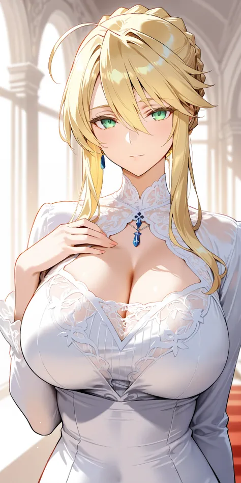 Masterpiece, mature woman, artoria pendragon (Lancer) (fate), slim, upper body, white shirt, long sleeves, graceful, elegant, wise type, ultra detailed, highres, absurdres, white room, portrait