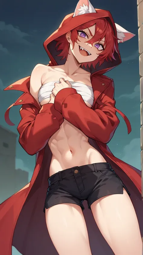  Wicked Anime Girl , Cat ears red hair purple eyes With saw teeth and fangs,  wicked smile,  long red coat with hood over the head, bandages covering your chest,  Skinny black shorts ,