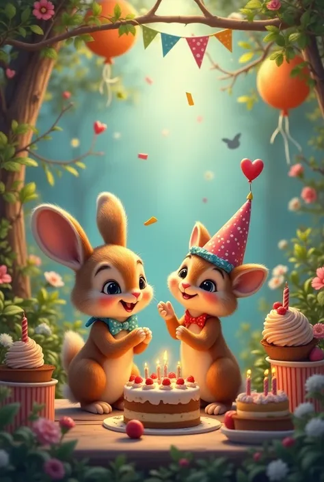 Couple of little animals celebrate birthday,format 16:9