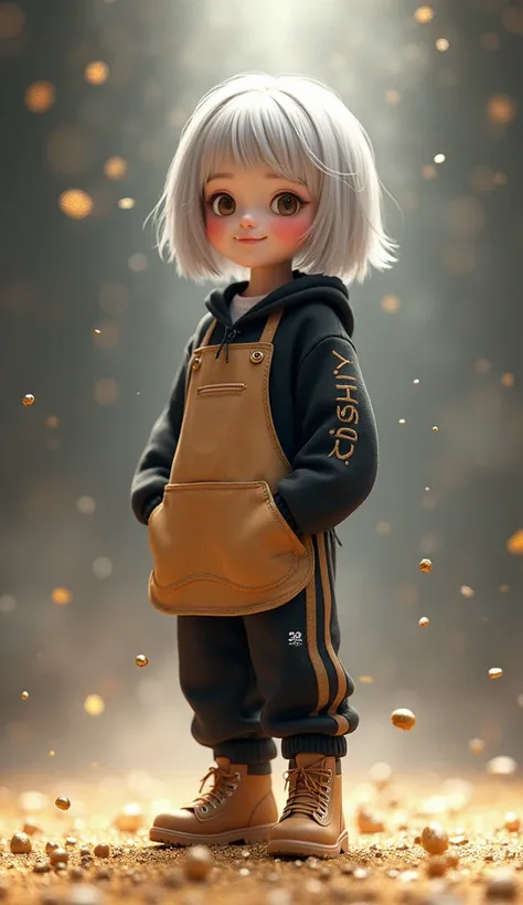  3D Rendering Art 、 cute characters attacked in their sleep 、  the person looks at us 、 smiling while wearing an apron  、  the hair color is bright silver 、 bob style  、 the outfit is a black hoodie and adidas sweatpants 、  the shoes are Dainberland's khak...