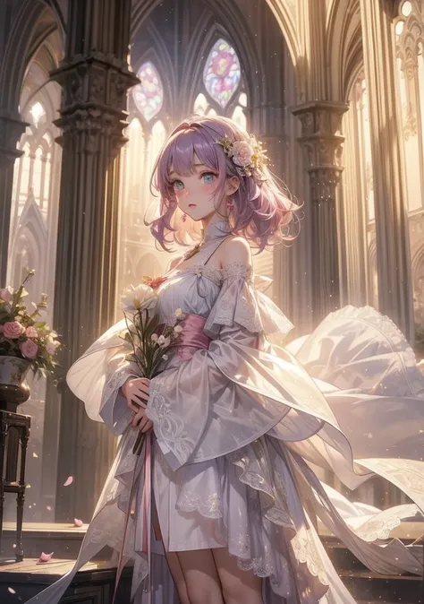  best quality 。 detailed depiction 。The White Cathedral。 naive 18 year old girl、(( one woman))。 woman。(( perm hair with inner curls))、((Semi-long short hair ))、(( hair color pink ))。innocent and naive heroine。 white, perfect skin, green eyes 。 has small br...