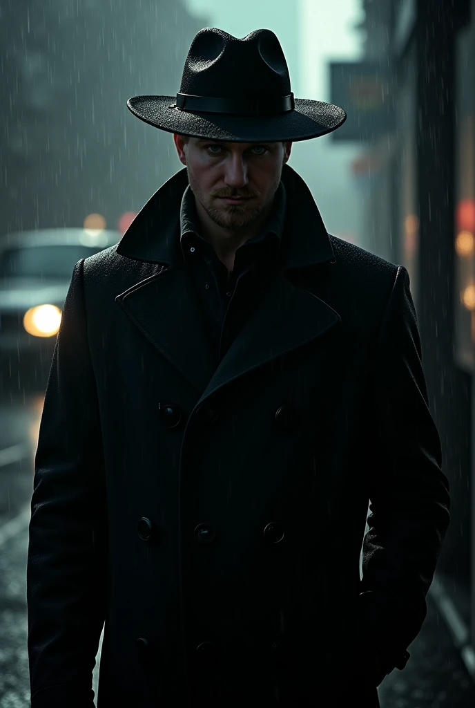 a dark and dramatic portrait of a person wearing a long jacket, hat and standing in the rain, 1920s style, highly detailed, cinematic lighting, moody and serious expression, hyper-realistic, chiaroscuro, film noir, subdued color palette, dramatic shadows, ...