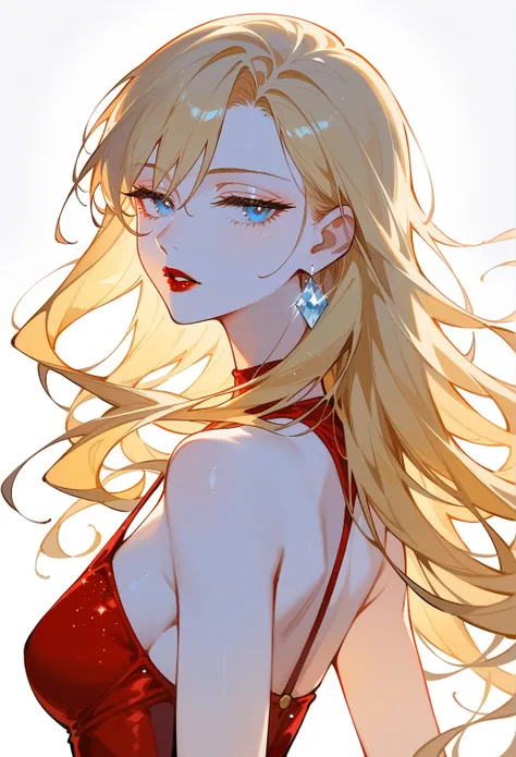 Artwork,,, back view, single woman, alone, adult, blonde hair, long straight hair, long hair, short sharp bangs, half closed eyes, blue eyes, strands of hair behind her ear, haughty, parted lips, red lipstick, expressionless, white skin, medium breasts, ha...