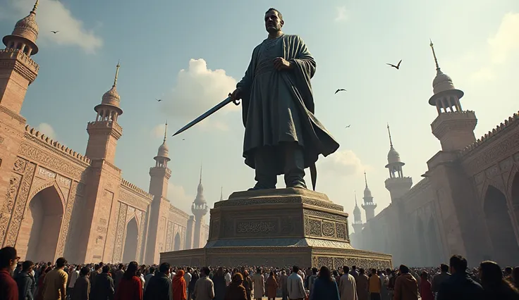 A statue of Sultan Jalaluddin Manguberdi stands in the center of a bustling city, centuries after his death. The black robe and sword immortalize his defiance. Around the statue, people gather, their expressions a mix of awe and gratitude for the warrior w...