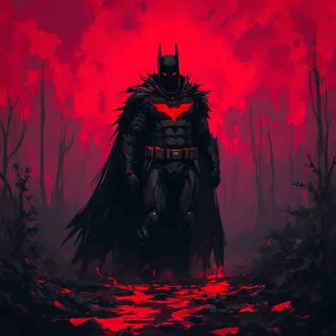 ((Batman of Darkness)), Wearing dark red armor,  path over ashes ,  with red eyes 