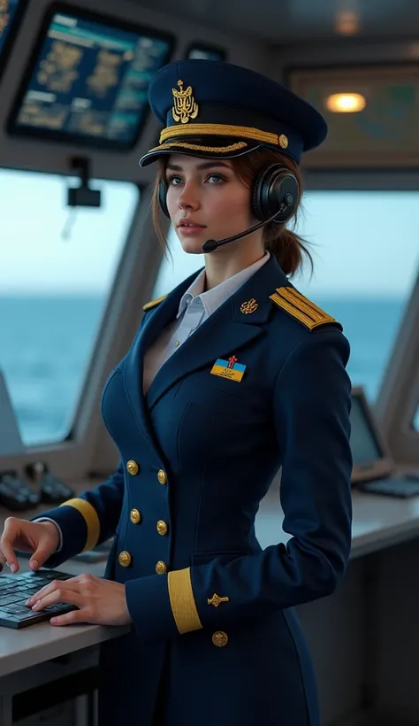 "A beautiful Ukrainian woman depicted as a naval officer, captured in ultra-realistic 3D style. She has neatly styled hair, practical yet elegant, complementing her sharp focus and professionalism. She is in the control room of a Ukrainian warship, standin...