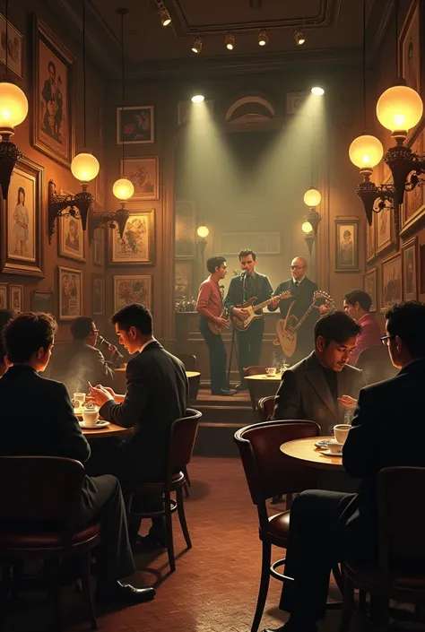 Generate an image bout vintage jazz coffee shop with people drinking coffee and theres a band singing but make it 1960's style