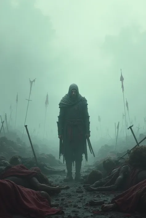 A hero standing in front of a war.Everyone die except him.the weather is also foggy. He lose his hope to live.