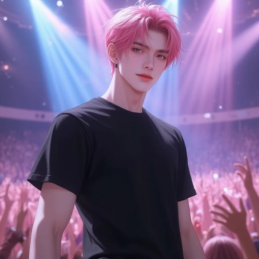 Pink hair, white skin, tall, wearing black shirt ,bug eyes, handsome anime, hotnerd, broad shoulders, muscular, sly face,smile softy, Korea Idol on stage 