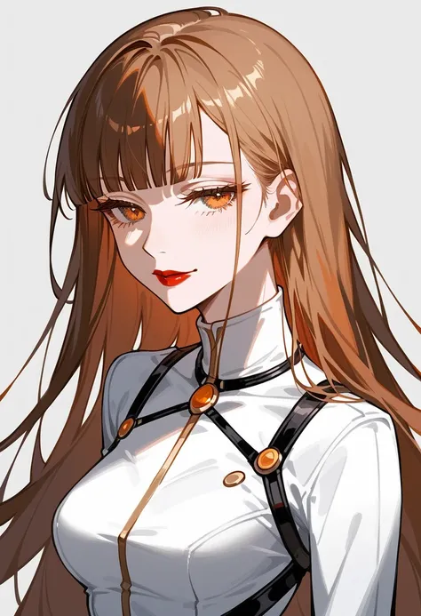 Artwork,,,,back view,adult female,single woman,alone,brown and blond hair,very long straight hair,short blunt bangs,golden and orange eyes,half closed eyes,red lipstick,full lips,expressionless,pale skin,medium breasts,white tight suit with long sleeves,wi...