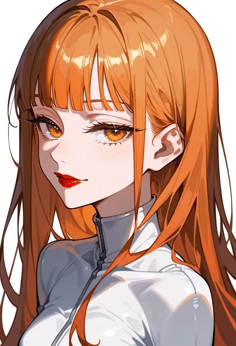 Artwork,,,,back view,adult female,single woman,alone,brown and blond hair,very long straight hair,short blunt bangs,golden and orange eyes,half closed eyes,red lipstick,full lips,expressionless,pale skin,medium breasts,white tight suit with long sleeves,wi...