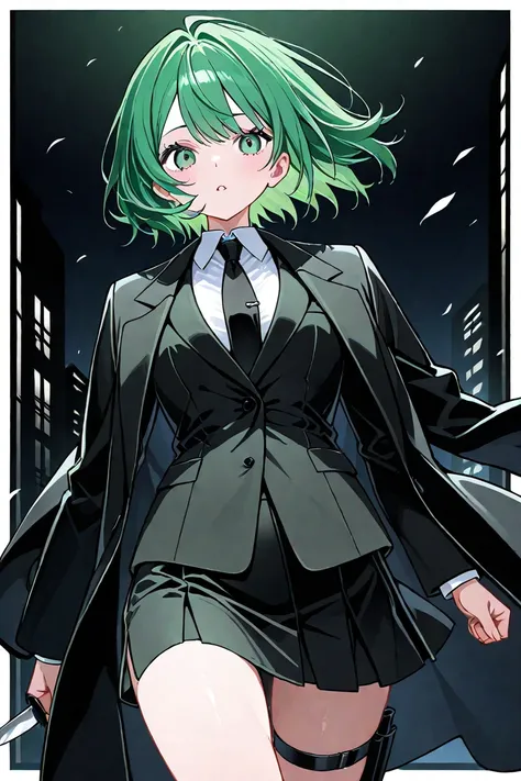  girl 、Hitman、crybaby、Black Suit、wind、 emerald green 、 green hair、Black Mesh、 skirt 、knife