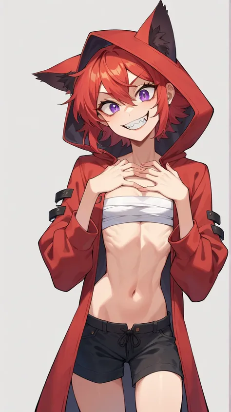  Wicked Anime Girl , perfect body cat ears red hair purple eyes With saw teeth and fangs,  wicked smile,  long red coat with hood over the head, bandages covering your chest,  Skinny black shorts ,