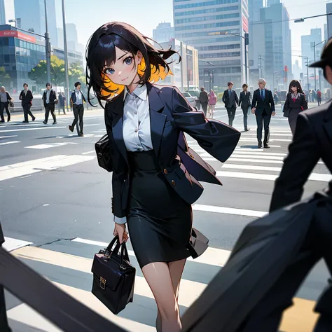 Many women are walking along a modern city street. They are office workers dressed in business suits, representing a typical commuting scene in a modern society where only women remain. they are wearing micro skirt.