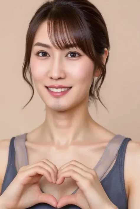  Super Fine、Picture of her face 、She smiles, I&#39;m wearing a camisole,  posing with their hands crossed in the shape of a heart in front of their chest、The background is plain 、    high definition 、細部にわたって   high definition,