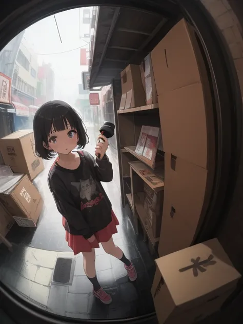  score_9,   score_8_ up,  score_7_ up,   score_6_  up,   score_5_ up,   score_4_  up, Anime Line Break     ，nsfw， best quality ，Masterpiece，( detailed background:1.2)， fisheye lens， 1 Young Girl, Cardboard, Stray cat、rain、poor， nothing ,