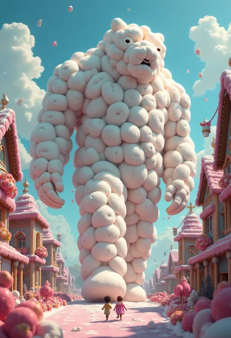 A giant golem made of marshmallows is walking through the candy town。