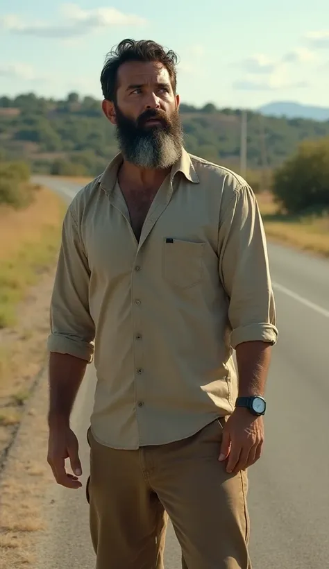 On the side of the road, a bearded man is walking and looks over, surprised and shocked.