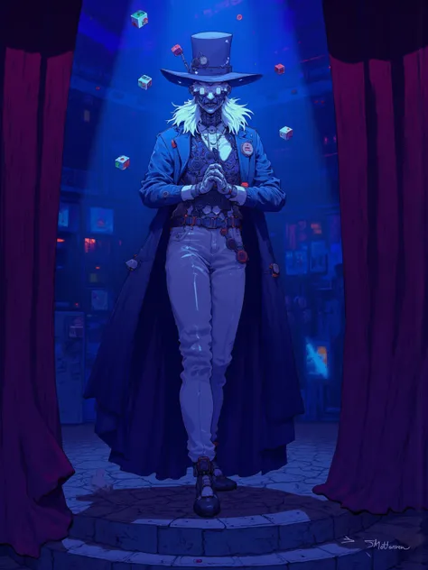  Diamond City magician Oswald , appearance of a human being, a mysterious and fantastic atmosphere , , cape and coat , silk hat, white shirt ,gloves, accessories reminiscent of a wizard ,backlit,Ultra Realistic Composition,surreal style,neo-surrealism with...