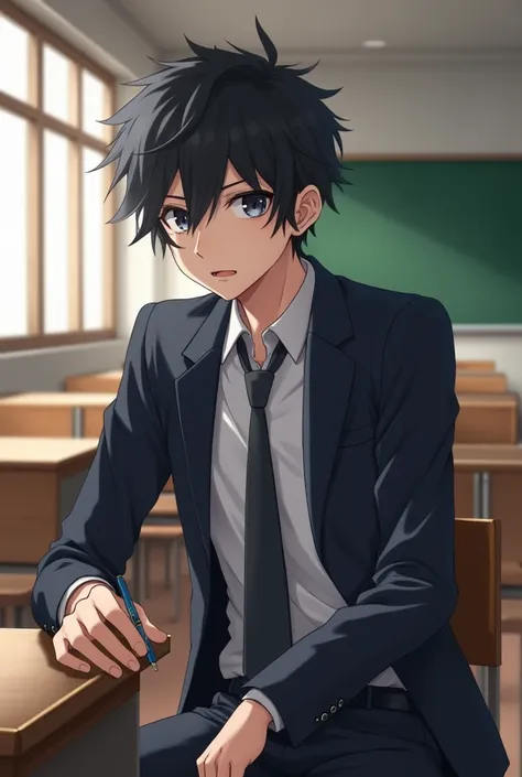 An anime-style depiction of the same boy sitting in a classroom, wearing a neat school uniform. His black hair remains slightly messy, with black eyes that glimmer faintly with a sense of calm intelligence. The school uniform consists of a white shirt, a d...