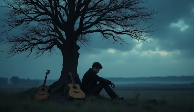 A realistic and emotionally poignant scene of a lone man sitting beneath a dark, leafless tree in an open plain during a soft, melancholic rain. The man appears lost in thought, his posture reflecting sorrow and deep longing. Beside him rests an old, weath...