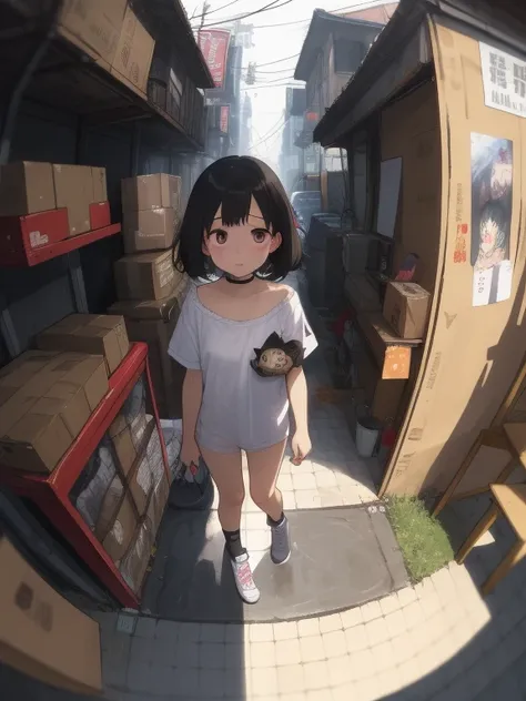  score_9,   score_8_ up,  score_7_ up,   score_6_  up,   score_5_ up,   score_4_  up, Anime Line Break     ，nsfw， best quality ，Masterpiece，( detailed background:1.2)， fisheye lens， 1 Young Girl, Cardboard, Stray cat、rain、poor， nothing ,