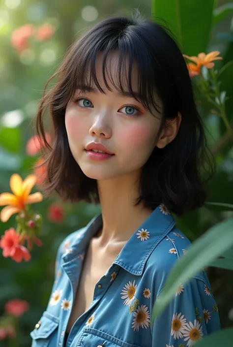  a Japanese Polish woman , blue eyes ,  medium short wavy hair wearing bangs 19 years old in a lush tropical garden, wearing a blue military collar shirt with floral print ,  with a close up capturing the harmonious beauty between her breasts and natural f...