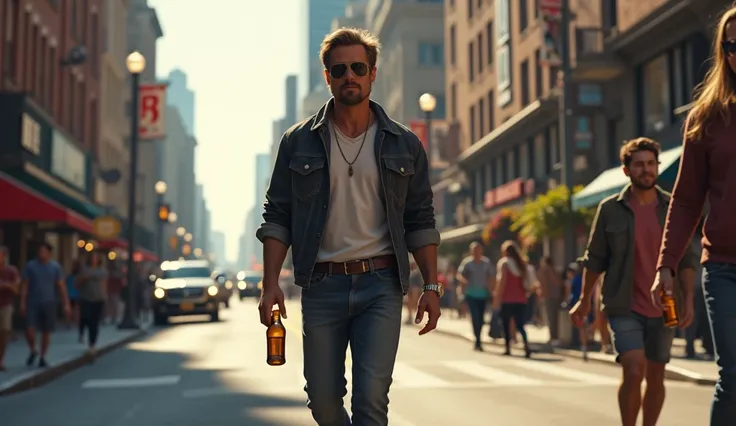 Brad Pitt is walking down the street with a beer