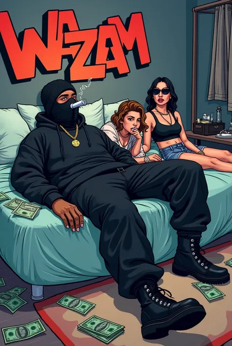 “Create a cartoon-style artwork with a vibe resembling a Cartoon Network show. The main character is a mixed Black male lying on a bed, smoking a blunt. He is wearing a ski mask pulled up to reveal his face, along with baggy, stylish, emo-inspired clothes,...