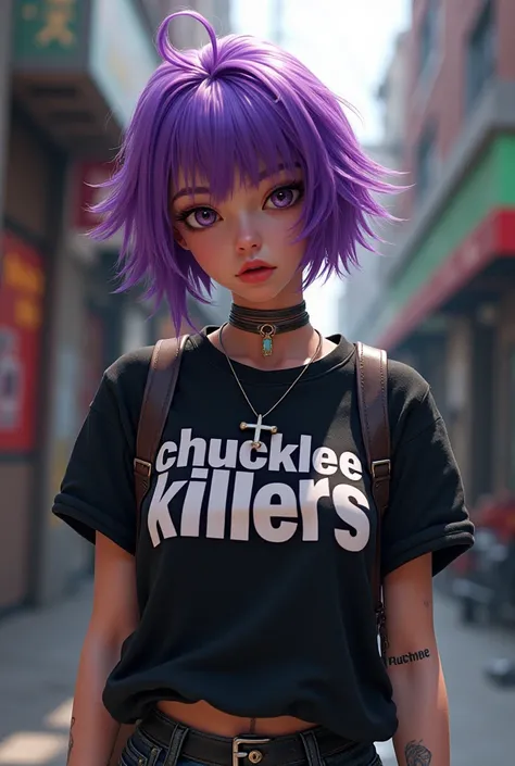 Young woman that has purple hair with a “chucklee killers” name on her clothes