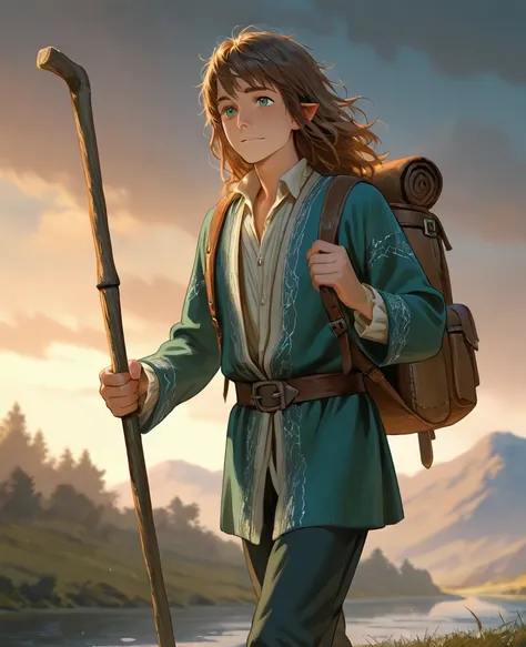 County Hobbit ,  disheveled brown hair .  On his back he has a backpack full of scrolls that come out of the top .  He has a handcrafted embroidered suit and has a walking stick to help him on long trips. 