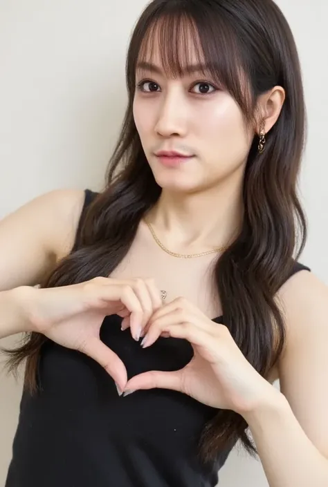  Super Fine、Picture of her face 、She smiles, I&#39;m wearing a camisole,  posing with their hands crossed in the shape of a heart in front of their chest、The background is plain 、    high definition 、細部にわたって   high definition,