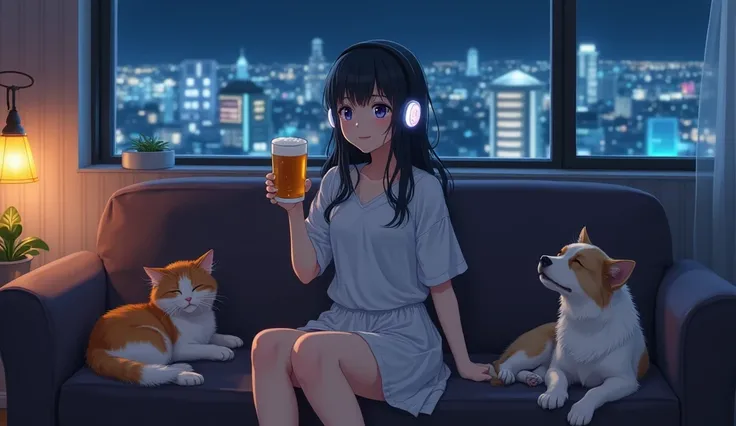  beautiful Japanese woman with dark hair ,  sitting on the living room sofa with wet hair after taking a bath、Face with shining headphones ,  holding a glass of beer while listening to music、My pet cat and dog are sleeping beside her 、Looking up and smilin...