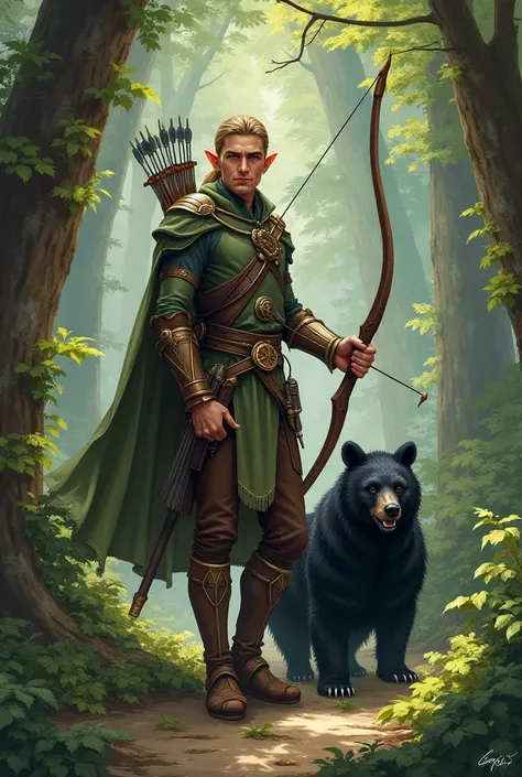  male elf with a long bow and a black bear as a pet in the background,woods background , sketch