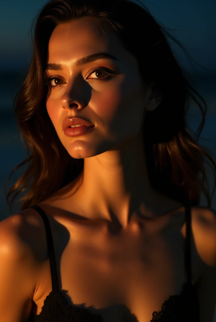 Realistic photo of a beautiful model at night under lights