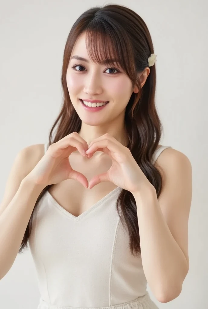  Super Fine、Picture of her face 、She smiles, I&#39;m wearing a camisole,  posing with their hands crossed in the shape of a heart in front of their chest、The background is plain 、    high definition 、細部にわたって   high definition,