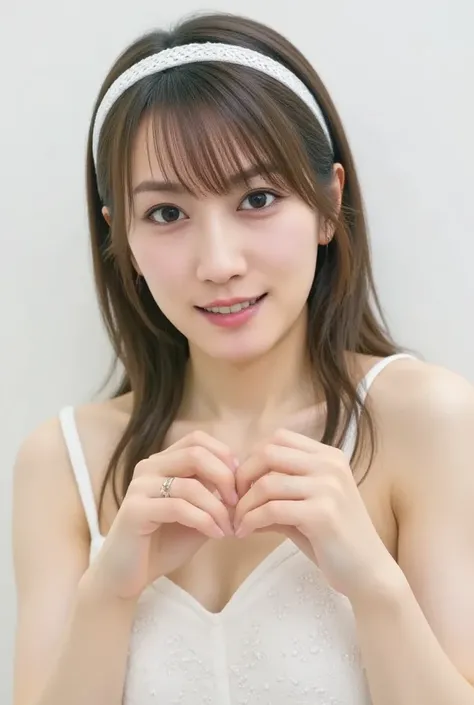  Super Fine、Picture of her face 、She smiles, I&#39;m wearing a camisole,  posing with their hands crossed in the shape of a heart in front of their chest、The background is plain 、    high definition 、細部にわたって   high definition,