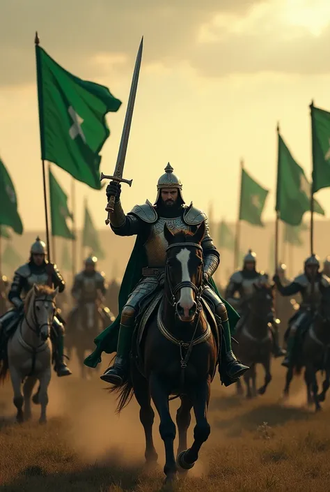 a scene, showing an epic cavalry with raised green banners and magnificent armour,  that goes into battle in front of a wide horizon .  In the foreground is a powerful leader with a drawn sword , surrounded by an aura of victory .