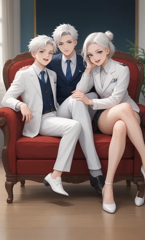  Four teenagers sitting in a red armchair , the first boy seated is , with white hair,  blue eyes,white suit, white shoe,a mischievous laugh , stares intently at the spectator ,  while the other three boys sitting to the left of him , are sitting, each wea...